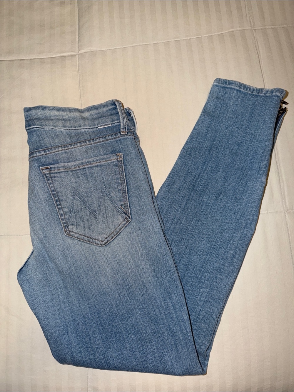 MOTHER SIZE 28 DENIM JEANS THE LOOKER ANKLE ZIP WASH: Light kitty